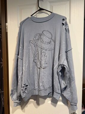 Light Blue Graphic Distressed Sweatshirt with Hat Skull Art